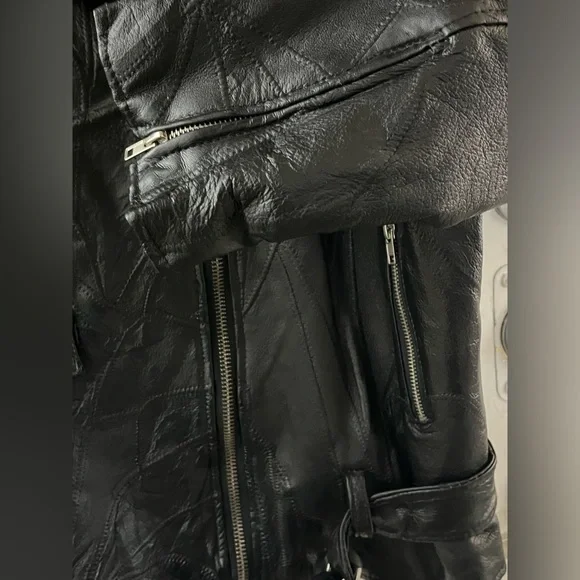 Vintage 90's Flight Path Leather Jacket Deadstock Moto Biker Patchwork Black XL